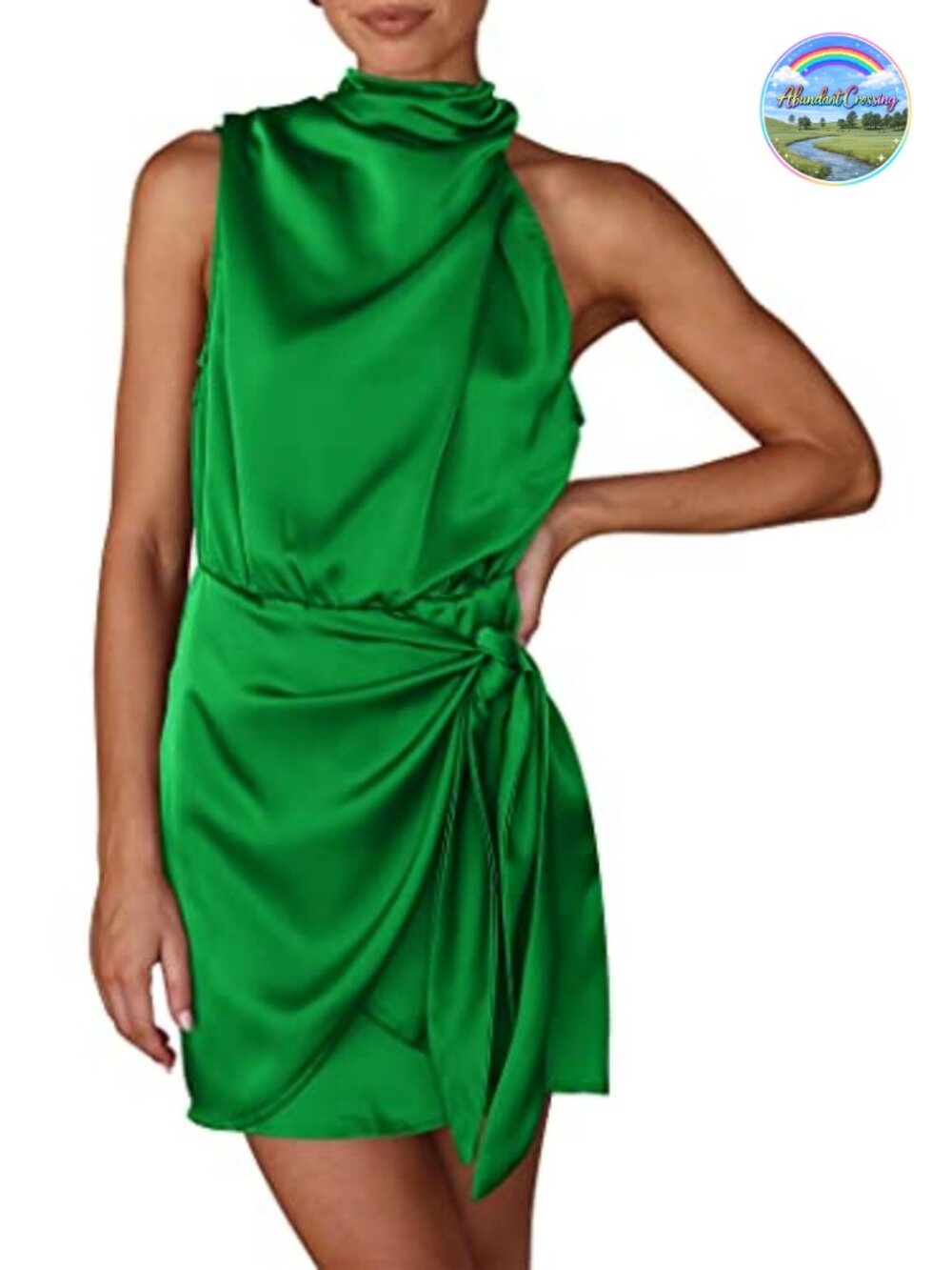 Mock Neck Sleeveless Satin A-Line Mini Dress for Women Cocktail Party Formal